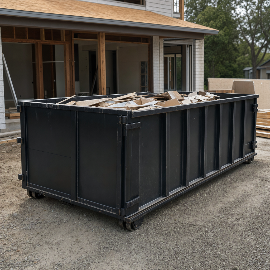 Large matte-black 30-yard construction roll-off dumpster at an active Monterey Park jobsite, steel-gray top rails and bottom rollers visible, loaded with construction debris.