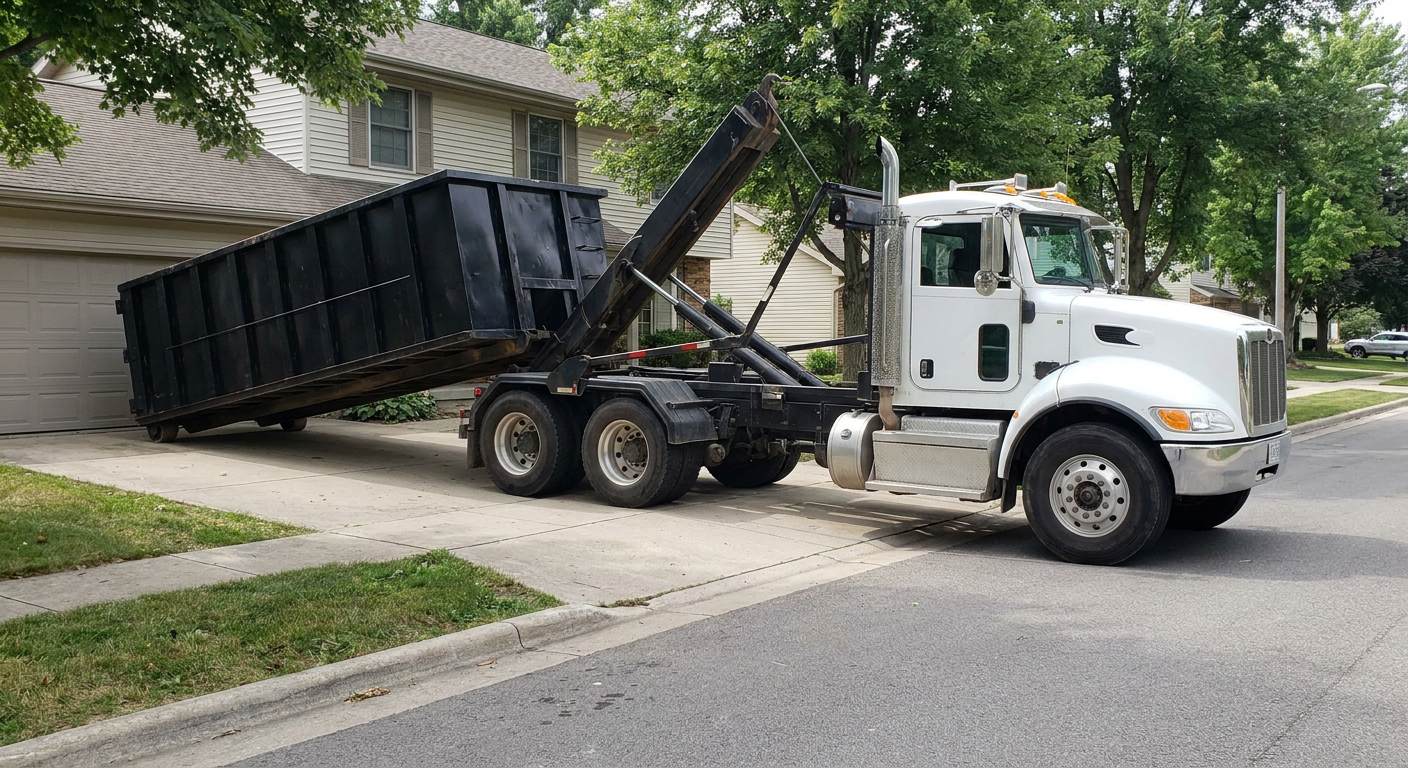White-cab hooklift roll-off truck actively lowering a matte-black dumpster onto a Monterey Park residential concrete driveway, the dumpster's rear wheels touching the driveway as the hoist arm tilts the bed forward, mid-morning daylight.