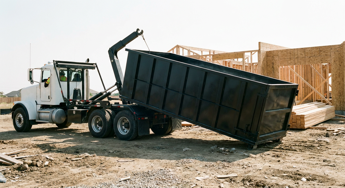 Matte-black roll-off dumpster being delivered onto a clean residential concrete driveway in Monterey Park by an unmarked white hooklift hauler truck, bright morning daylight, documentary 35mm perspective.